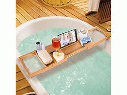 Hicollie Craft Natural Bamboo Bathtub Caddy Bath Tub Tray Organizer With Adjustable Sides Expand To 43 Inches Stainless Tub Tray Bathtub Tray Tray Organization