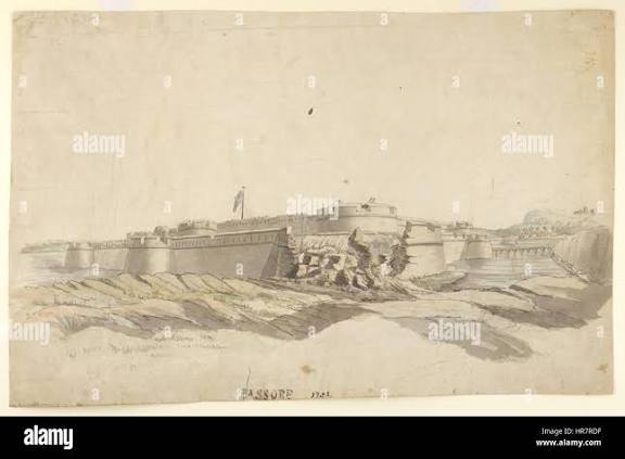 The fort of Hosur, 1792, from the south-west with breached wall and Union flag flying Stock Photo - Alamy