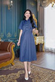 EM2047 Đầm Suông Linen Xanh Jean – Emy Thời trang thiết kế