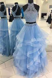 Unique Pale Blue Two Pieces Backless Organza Prom Dress Long Evening Dresses P2470 Cute Prom Dresses Prom Dresses Two Piece Piece Prom Dress