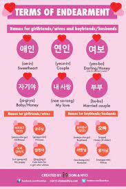 More cute french words of endearment for honey, sweetheart and darling. Learn Korean Terms Of Endearment Learn Korean With Fun Colorful Infographics Dom Hyo