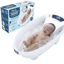 Nuby baby bath with built in seat and soft headrest. Baby Patent Aquascale 3 In 1 Scale Water Thermometer And Bathtub In White Bed Bath Beyond
