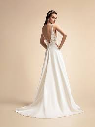 Simple Satin A Line Wedding Dress With Lace Bodice V Neck Moonlight Style T907 A Line Wedding Dress Wedding Dresses Beaded Wedding Gowns