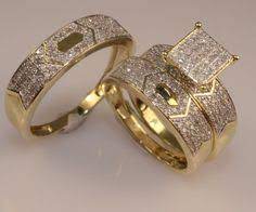 Diamond Wedding 14k Yellow Gold Trio His And Her Bridal Band Engagement Ring Set Si Round Diamond Wedding Rings Bridal Engagement Rings Wedding Ring Bands Set