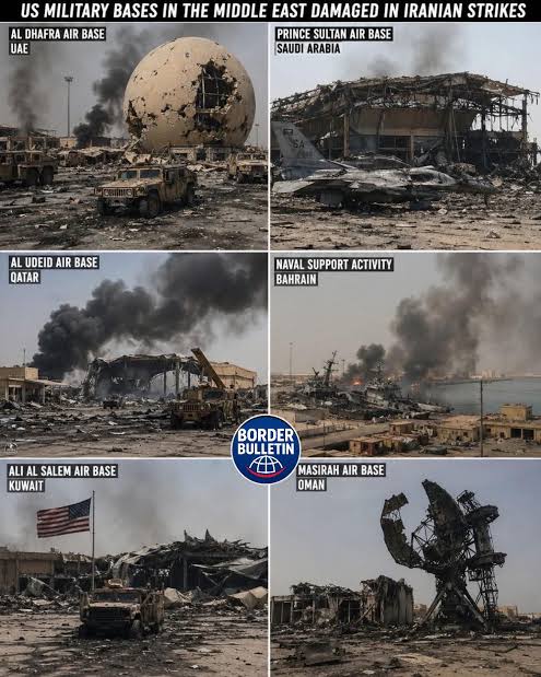 This map highlights several U.S. military bases, diplomatic missions, and  air-defense installations across the Middle East that have reportedly been  damaged during the recent escalation involving Iran