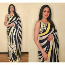 Black And White Striped Saree Blouse Sridevi 60 Gm Georgette Blue Off White Stripe Print Bollywood Designer Saree Zoya304 Bollywood Designer Sarees Saree Designs Fashion