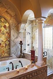 Mediterranean Style Bathroom With Columns And A Mix Of Marble And Onyx And A Glassed Tuscan Bathroom Tuscan Bathroom Decor Mediterranean Bathroom Design Ideas