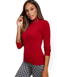 Embellished Mock Neck Puff Sleeve Sweater New York Company