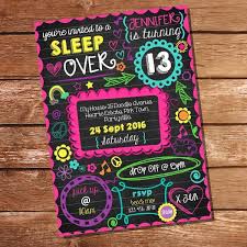 Slumber Party Birthday Party Ideas For Teenage Girls 13 Neon Sleepover Doodle Invitation Tween Party Slumber Party Invitation Slumber Party Invitations Birthday Party For Teens Sleepover Invitations