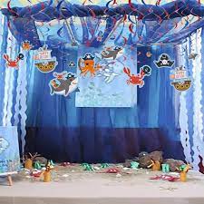 Guests will be delighted to see the fun and colorful banners hanging near your party table. Ocean Theme Party Decorations Hanging Shark Marine Animal Swirls Photo Props Sea Pirate Anniversary Kids Birthday Party Supplies Party Diy Decorations Aliexpress