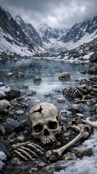 A frozen lake in the Himalayas… 🧊, Filled with hundreds of human skeletons  💀, Discovered in 1942…, But the real story is still unknown 😨, What  really happened here?, #SkeletonLake #Roopkund ...