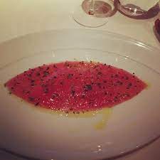 Eric Ripert S Tuna At Le Bernardin Layers Of Thinly Pounded Yellowfin Tuna Foie Gras On Toasted Baguette Chives Extra V Favorite Dish Food Yellowfin Tuna