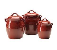 A classic for summer decor, or for a holiday. Love Red In The Kitchen These Are Red Pottery Canisters Ceramic Kitchen Canisters Ceramic Kitchen Canister Sets Glazes For Pottery
