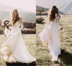 Long Sleeves Flowy Chiffon Lace Boho Wedding Dresses Country Bridal Long Sleeve Wedding Dress Boho Long Sleeve Bohemian Wedding Dress Bohemian Wedding Dresses