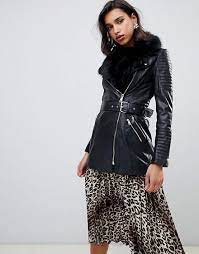River Island Longline Real Leather Jacket With Faux Fur Trim In Black Real Leather Jacket Long Coat Women Long Coat Jacket