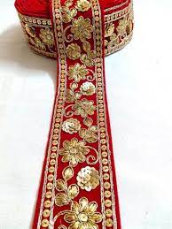 Durable pongee floral velvet flocked flower pattern printed chiffon damask flocking taffeta flock fabric for wind cheater. Red Velvet Sequence Work Laces 10 Yards Etsy Lace Fancy Gold Work Embroidery Red Velvet