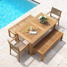 Melbourne 5 Ft 6 In Teak Wood Table With Foxhall Backless Benches And Oslo Chair Picnic Set Outdoor Furniture Sets Outdoor Dining Table