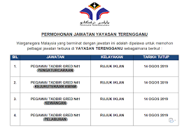 3.dokumen salinan hendaklah disahkan oleh pegawai kerajaan kumpulan a/pengetua/guru besar/guru penolong selepas tempoh masa tersebut, akses borang akan ditutup bagi tujuan pengemaskinian data. Permohonan Jawatan Di Yayaysan Terengganu Sehingga 14 Ogos 2019 Info Jawatan Kosong Terkini Di Malaysia