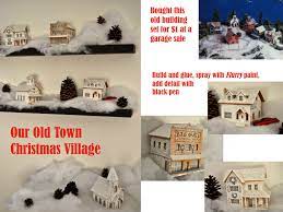 Diy Christmas Village Made With A Thrifted Balsa Wood Train Village Set White Flurry Paint And Pen Detail Diy Christmas Village Christmas Village Wood Train