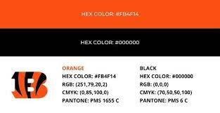The bengals' team colors were orange, black, and white, and their helmets were a similar shade of orange, with the only variations being the word bengals in black block letters (with a white outline) on either side of the helmet and no stripe on the helmet. 9 Nfl Team Colors Ideas Nfl Team Colors Team Colors Hex Colors