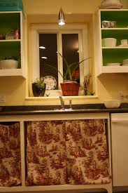 Poorly Hung Toile Cloth Cabinet Curtains Instead Of Doors Farmhouse Style Kitchen Cabinets Kitchen Cabinet Styles Kitchen Cabinets Decor