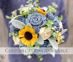 Yellow wedding flowers floral wedding rustic wedding wedding ideas trendy wedding wedding sunflowers wedding white wedding pictures sunflower wedding decor ideas for you big day | wedding forward. Wood Flower Sunflower With Dusty Slate Blue Wedding Bouquet Etsy