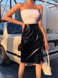 Avec une sous jupe noire. Mi Longue Jupe Simili Cuir Crocodile Motif Fendu Le Cote Mode Femme Noir Jupes Bas