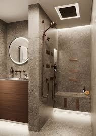 Offene Dusche Mit Sitzbank Und Trennwand Bildet Nische Fur Waschschrank Mit Waschbecken Badezim Badezimmer Design Badezimmerideen Modernes Badezimmerdesign