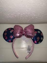 New With Tag Minnie Ear Headband Dark Blue With Polka Dots And Sequined Pink Puffy Bow Very Cute Great For Disn Minnie Ears Headband Minnie Ears Disney Hair