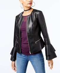Inc International Concepts Petite Ruffle Sleeve Faux Leather Jacket Created For Macy S Blazer Jackets For Women Black Faux Leather Jacket Faux Leather Jackets