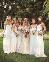 10 Bridal Parties Wearing White At Real Weddings Cream Bridesmaid Dresses White Bridesmaid Dresses Bridesmaid