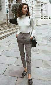 Cream Sweater Top Grey Plaid Pants Black Loafers Fashion Dress Pants Outfits Professional Outfits Work Outfits Women