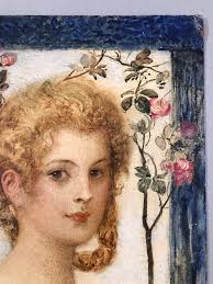 VEITH E. Young girl with rose tree. Oil
