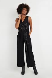 Black Sequin Wrap Wide Leg Jumpsuit Wallis Uk