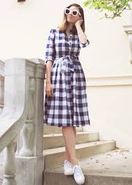 Gingham Print Vintage Dress With Sneakers Casual Dress Outfits Casual Dress Gingham Outfit