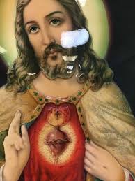 Jesus Christ Sacred Heart 38 Inches Religious Antique Lithograph Large  Clear Coat Dimensional Wood Frame Art Picture Yard Long