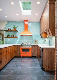 kitchen with blue backsplash