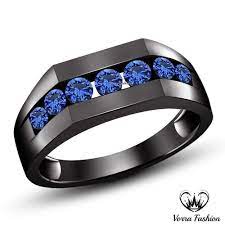 1 77 Ct Blue Sapphire Black Rhodium Finish Sterling Silver Engagement Band Ring Sterlingsilverengagement Black Gold Ring Mens Band Rings Silver Mens Band