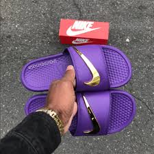 Black And Gold Nike Slides Mens Nike Benassi Purple Haze Golden Check Slides Skylife Boutique Purple Nike Shoes Nike Shoes Women Nike Slippers