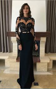 Unique Mermaid Round Neck Long Sleeves Black Lace Long Prom Dresses With Metal Belt Evening Dresses Pd0829016 Black Long Sleeve Prom Dress Prom Dresses Long With Sleeves Prom Dresses For