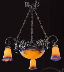 Muller Freres Luneville Lustre A Monture En Fer Forge A Patine Noire A Dec Lampe Art Deco Coupelle En Verre Vente Aux Encheres