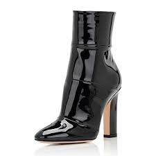 Black Chunky Heel Boots Patent Leather Pointy Toe Ankle Booties For Work Big Day Going Out Fsj