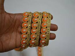 Wholesale Orange Indian Laces Saree Border Gold Kundan Lace Stone Work Border By 9 Yard Gold Gota Patti Glass Bead Work Embel Lace Saree Saree Border Bead Work