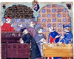 Image of medieval bank or money lending scene