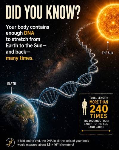 Your DNA Could Stretch to the Sun and Back—100+ Times! 🧬☀️ The Science: There are 37 trillion cells in your body. Each cell contains ~2 meters of DNA. Uncoiled and connected end-to-end,