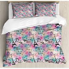Available for 3 easy payments. Paris Duvet Cover Set Queen Size Complex French Elements On Floral Rose Checkered Hearts Romance Love