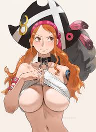 joy boy (jerrydurd), nami (one piece), one piece, one piece film: red,  absurdres, highres, 1girl, alternate costume, blush, breasts, breasts out,  hat, large breasts, no nipples, official alternate costume, orange hair,  pirate