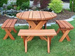 Here, you can find stylish outdoor ordered and got the table and chairs in april, they work fine, solid built, workmanship are reasonable but durability: Old Growth Redwood Table Set With 4 Benches Gold Hill Redwood Round Picnic Table Patio Table Curved Bench