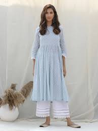 Buy Sky Blue Polka Printed Cotton Kurta With White Palazzo Set Of 2 Online At Theloom In 2020 Simple Pakistani Dresses Simple Kurta Designs Kurta Designs Women