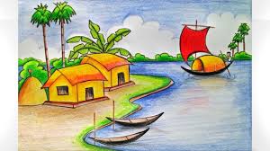 How To Draw Scenery Of River Side Village Along With Boat Beautiful Scenery Drawing Pencil Drawings Of Nature Easy Drawings